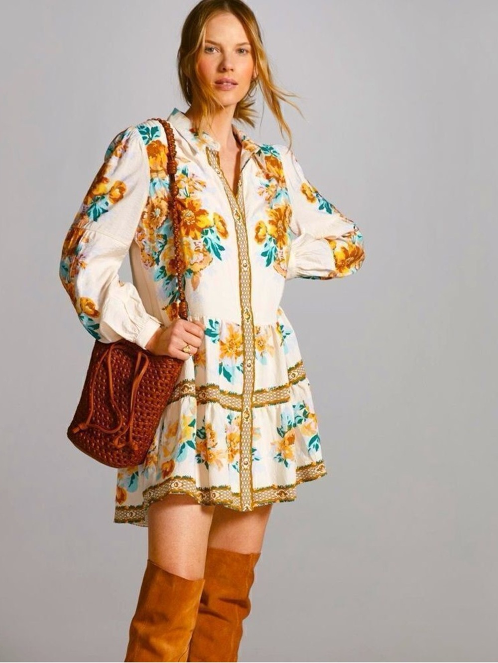 Anthropologie Stunning Panel Print Mini Shirt Dress Long Sleeve Floral